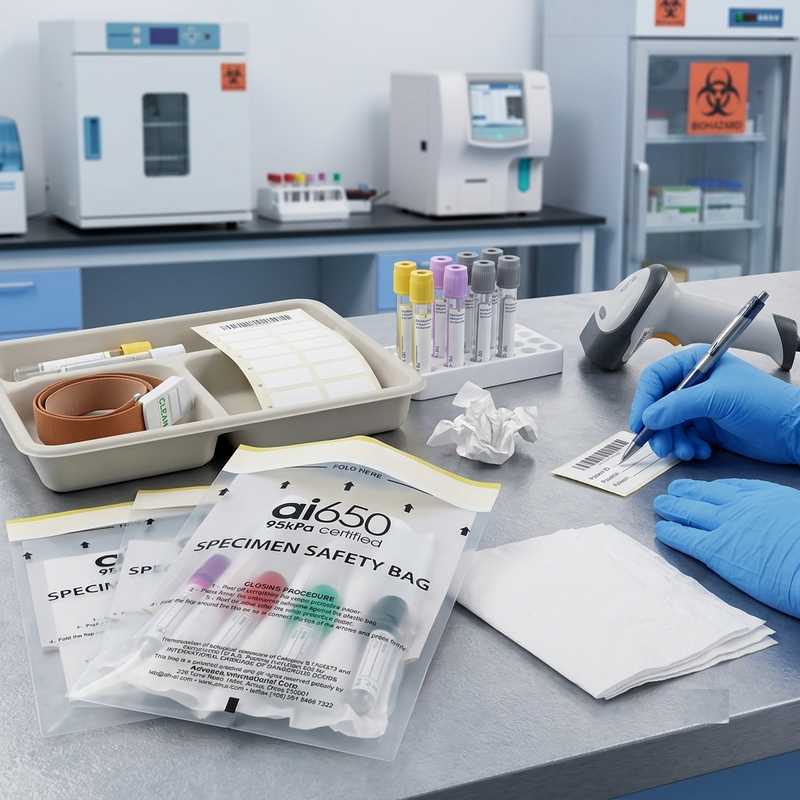 Borsa per campioni all'ingrosso. Borsa per il trasporto di pericolo biologico certificata FDA con sigillatura e cuscinetto assorbente. Ideale per laboratori, ospedali e cliniche.