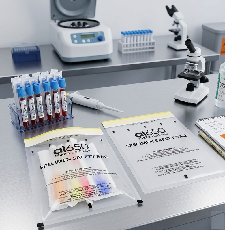 Borsa per campioni usa e getta conforme all'UN3373  ¢ Borsa in polietilene resistente alle perdite con tasca per documenti e simbolo di pericolo biologico